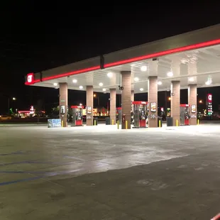 a gas station at night