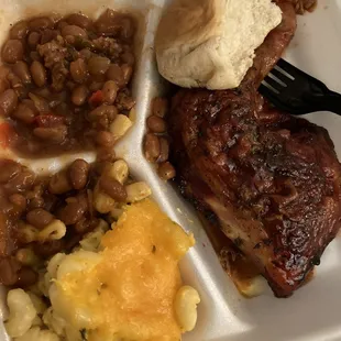 BBQ chicken, baked beans, baked mac and cheese, roll and cookies Tuesday lunch special