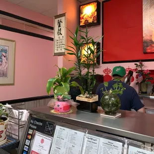 a restaurant counter with menus and plants