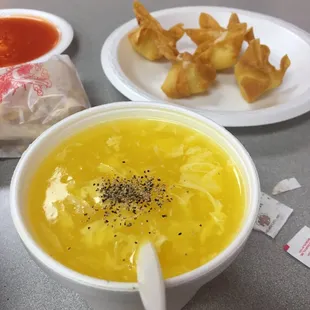 Egg drop soup and crab Rangoon