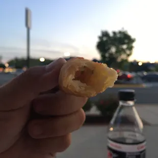 a hand holding a half eaten food item