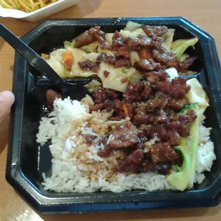 Beef on a small Styrofoam plate that could barely support the weight of the food