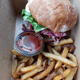 Tempeh fish sandwich and spicy fries