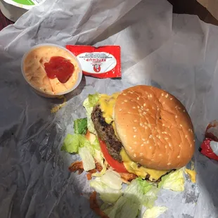 a hamburger and fries