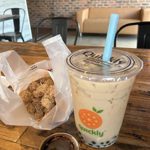 Taiwanese popcorn chicken &amp; longan milk tea with tapioca and milk pudding (flan)