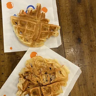 Half of a mochi waffle on top. Disgusting dirty waffle on the bottom. This is the third time this has happened.