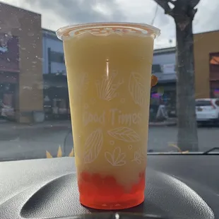 Pineapple slush with pomegranate popping boba