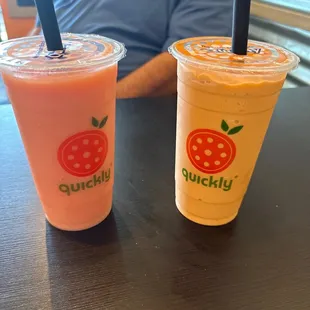 Large Mango escape smoothie (left) &amp; Large Thai tea snow (right)