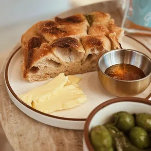 Focaccia &amp; butter, olives