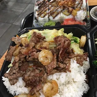 Hibachi shrimp and beef. Shrimp tempura rolls.