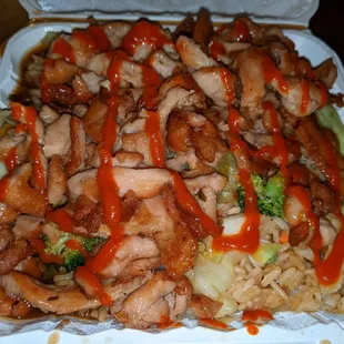 Extra chicken, fried rice, veggies