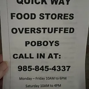 Hours and telephone #.