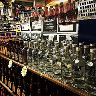 a variety of liquor bottles
