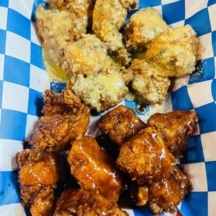 Boneless Wings tossed in Garlic Parm sauce and BBQ sauce