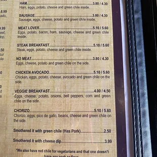 Breakfast burritos menu