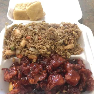 Orange chicken ,shrimp fried rice cheese rangoons