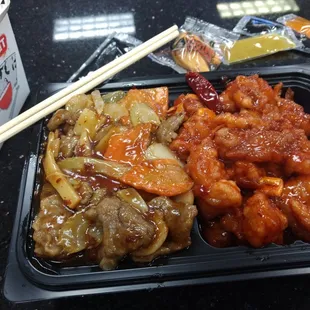 Mongolian beef, orange chicken combo