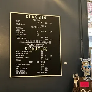 a menu on the wall
