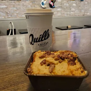 To-go Medium Caramel Bourbon Latte and Bourbon Pecan Coffee Cake