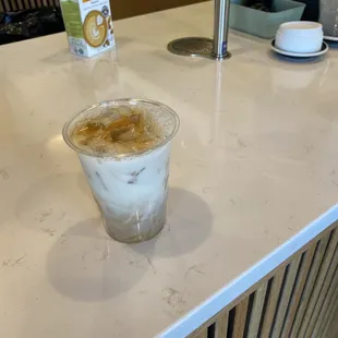 Iced latte with almond milk and bourbon caramel syrup