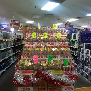 a large display of liquor in a store