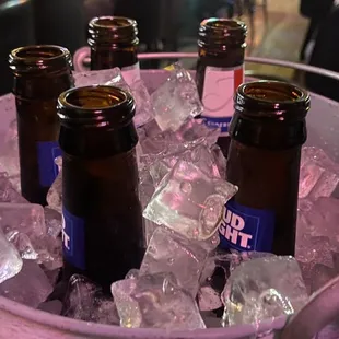a bucket full of beer bottles