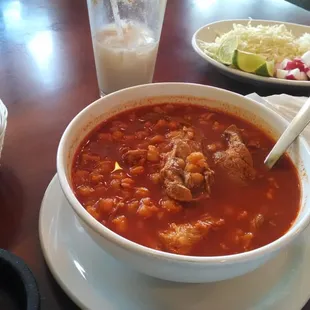 Tortilla chips, pico de gallo, horchata, and pozole.
