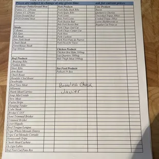 Menu of items, prices vary as do meats...per lb or by the box