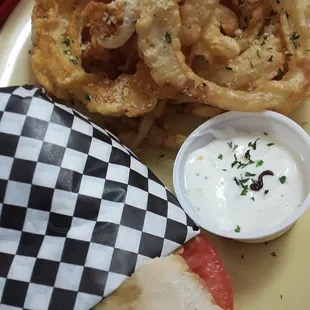 Chile Relleno Torta with avocado and Out of this world onion rings!