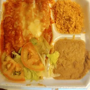 a meal in a styrofoam container