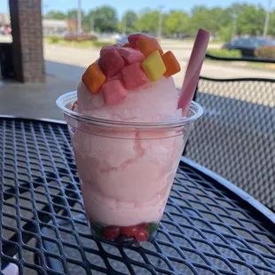 a pink ice cream sundae