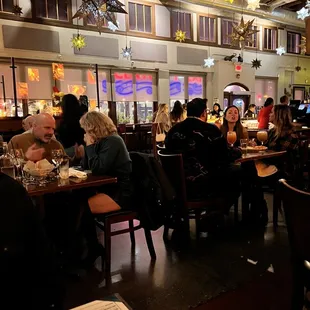 people sitting at tables in a restaurant