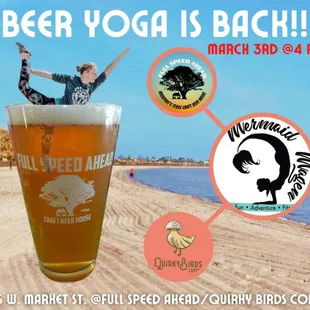 We do beer (and coffee) yoga outside under the trees!