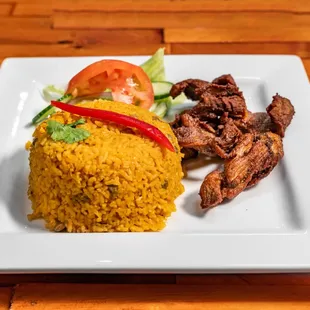 Carne Frita - Fried Pork / Arroz con guandulez - Yellow Rice &amp; Pigeon peas