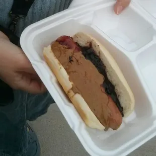 The almond butter and blackberry jelly hotdog