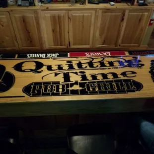 a long table with a sign on it