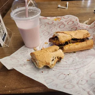 Chipotle steak w/ cheddar and strawberry milkshake