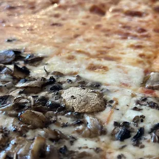 a closeup of a mushroom pizza