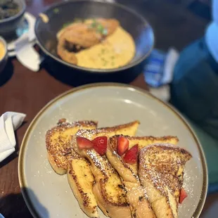 French toast and fried catfish over creole grits