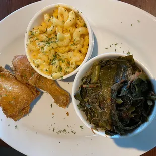 QUOTES SOUL FOOD PLATTER Creole fried chicken (leg &amp; thigh) with smoked Gouda mac &amp; cheese and Collard greens.