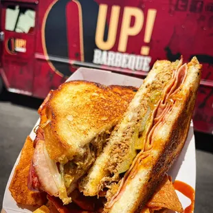 BB Cubano (Slow Smoked Pulled Pork, Honey Ham, Sweet Mustard Q Sauce, Pickles, Swiss &amp; Golden Sourdough Toast)