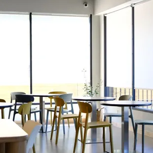 tables and chairs in a cafe