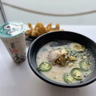 Pork Belly Ramen Bowl with Coconut Milk Tea and Crab Rangoons
