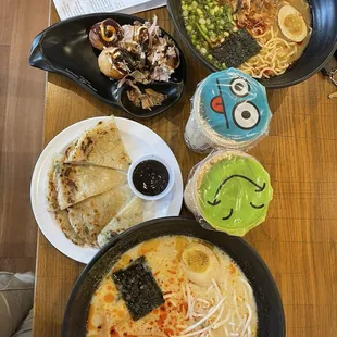 Scallion pancakes, Takoyaki, ramen