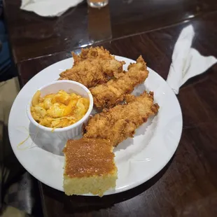 Chicken strips mac and cheese and cornbread