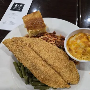 Mama&apos;s plate - catfish, spaghetti green beans with cornbread and an added side of Premium mac and cheese.