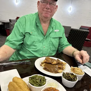 Catfish and pork chops. Green beans, yams, cabbage and greens