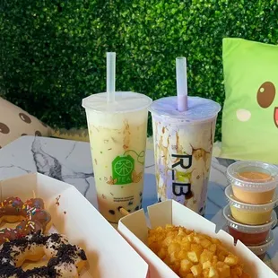 Jasmine green milk tea, taro stormy, mochinut, mozzarella hotdog!