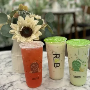 Watermelon Green Tea, Rose Oolong Milk Tea, &amp; Honeydew Milk Tea