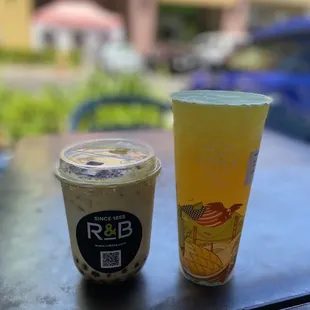 Creme Brulee Pearl Latte and Passion Fruit Green Tea w/ Aloe Vera